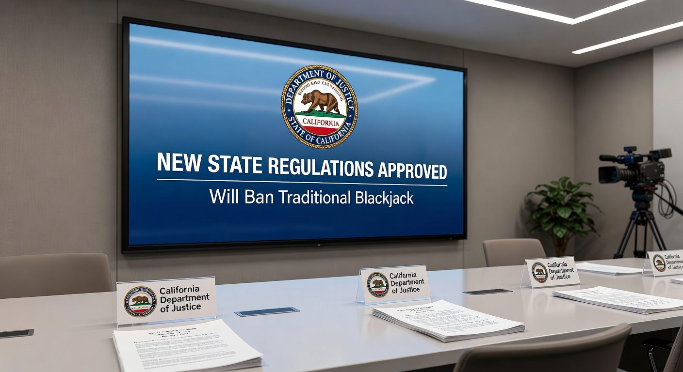 Close-up of a blackjack table in a California cardroom, showing player-dealer position with chips and cards mid-game