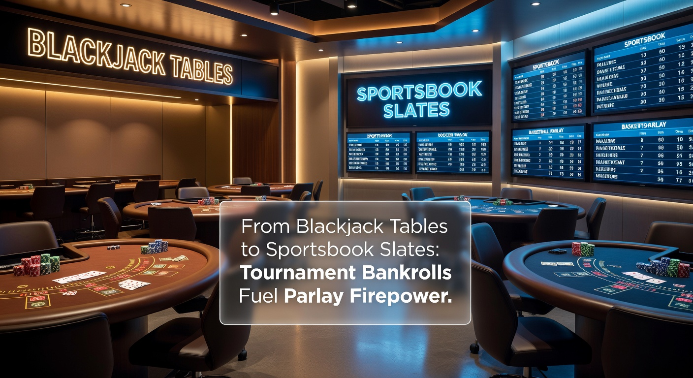 A bustling blackjack tournament table transitions to a vibrant sportsbook screen displaying parlay odds, symbolizing the shift in player strategies.
