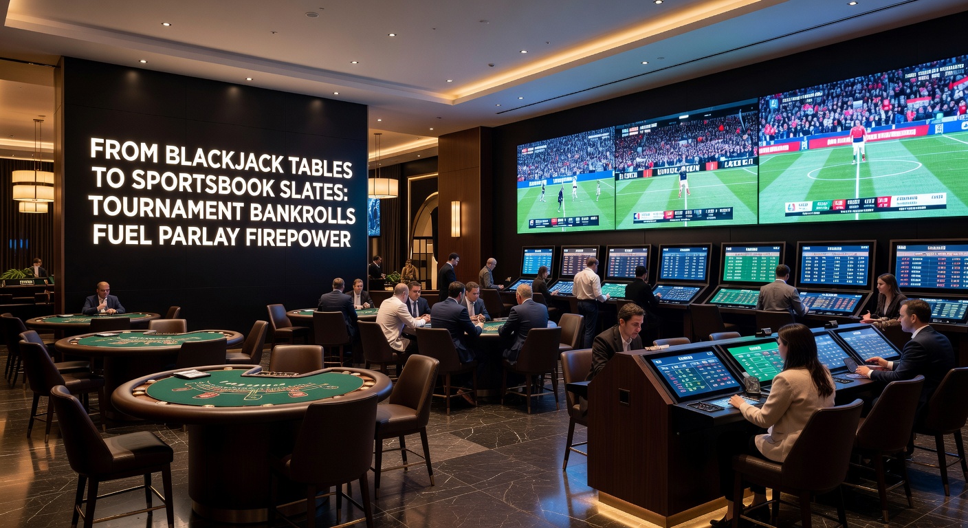 Dynamic sportsbook interface highlighting a high-odds parlay ticket built from tournament winnings, with NBA and MLB legs illuminated.