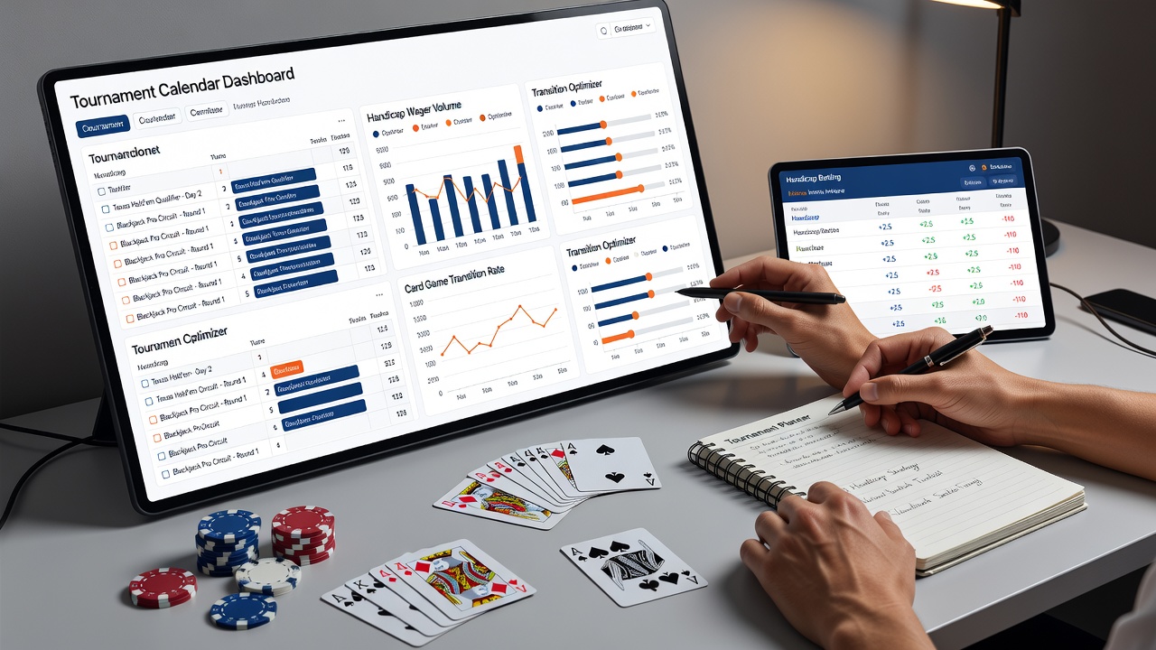Tournament calendar displayed alongside sports betting odds and blackjack table layouts in a casino setting