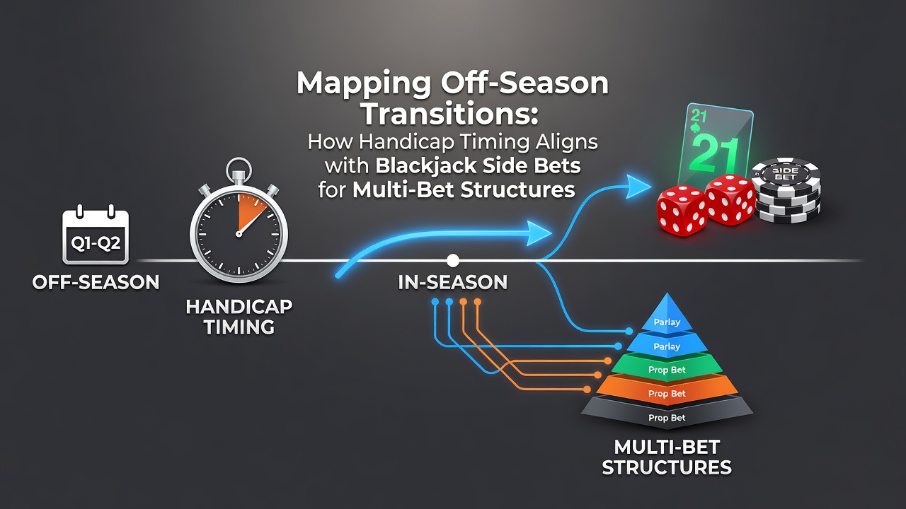 Visual representation of off-season transition timelines linking sports handicap markets to blackjack side bet adjustments in multi-bet setups