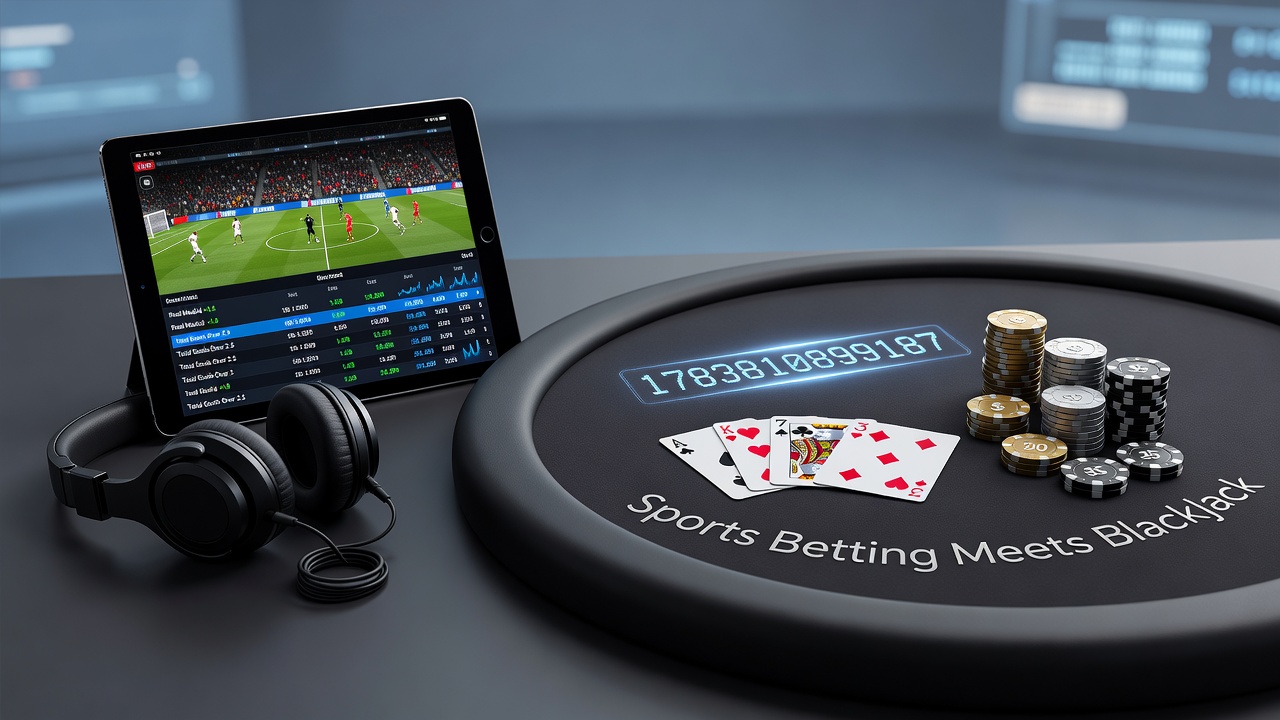 Sports betting terminals alongside blackjack tables in a modern casino setting showing integrated gaming floors