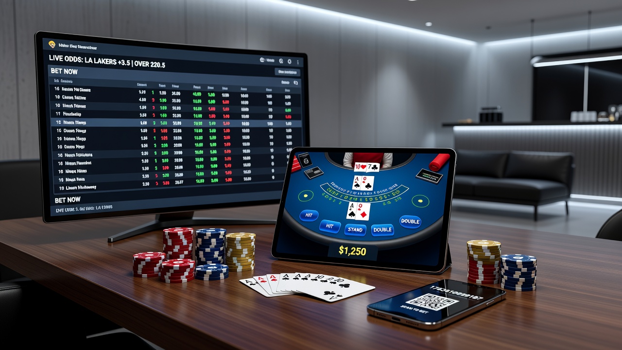Close-up view of a blackjack table with digital displays showing live sports odds integrated into the gaming interface