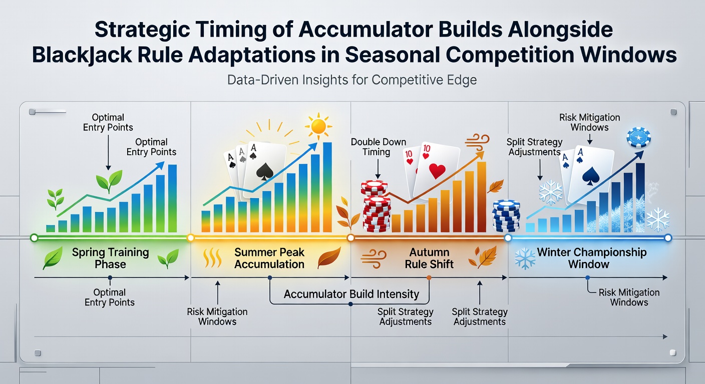 Strategic timing illustration showing accumulator bets coordinated with blackjack table setups during seasonal peaks