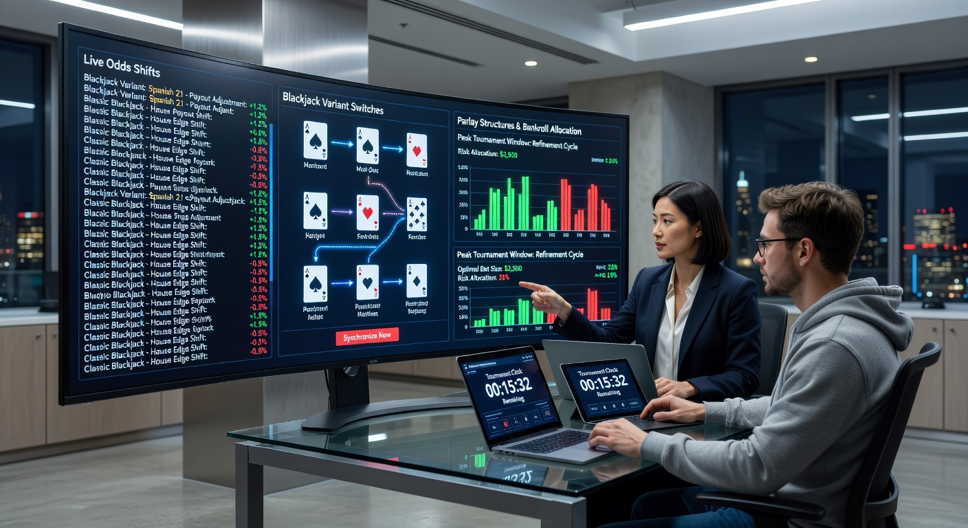 Live odds boards updating alongside blackjack variant tables during a high-stakes tournament window