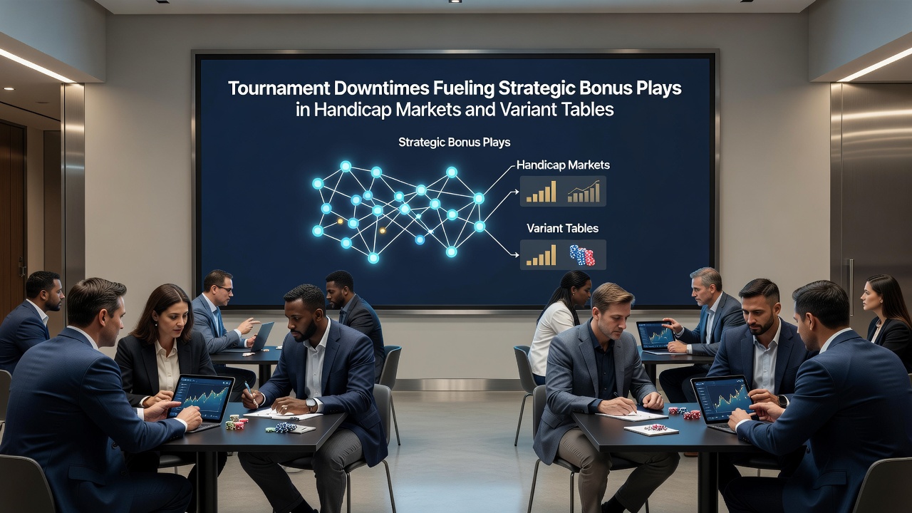 Tournament downtime periods showing empty sports arenas transitioning to active blackjack variant tables and handicap betting interfaces