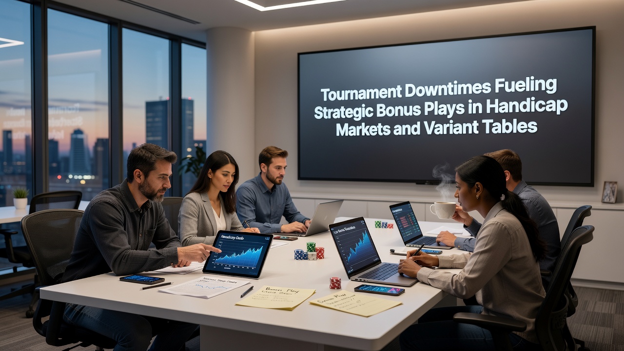 Blackjack variant tables in operation with side bet options and handicap market displays during tournament downtime periods
